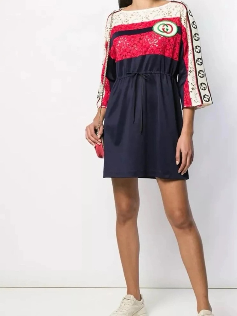 Gucci Navy, Red and White Logo-Trim Midi Dress